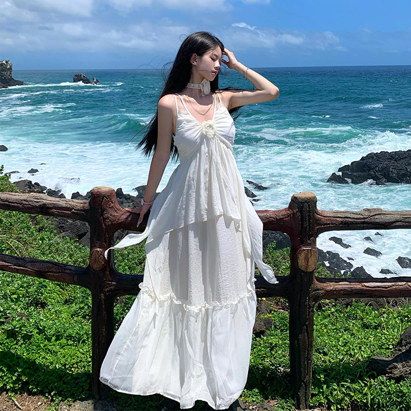 Minimalist White Spaghetti Strap Maxi Dress Island Getaway Look