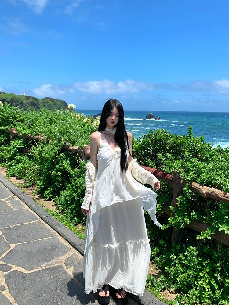 Minimalist White Spaghetti Strap Maxi Dress Island Getaway Look