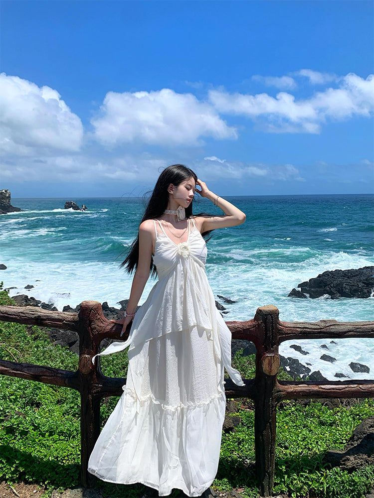 Minimalist White Spaghetti Strap Maxi Dress Island Getaway Look