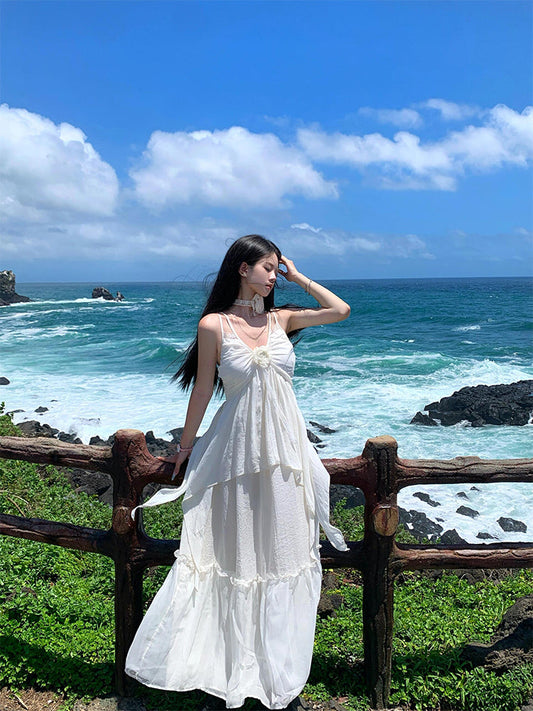 Minimalist White Spaghetti Strap Maxi Dress Island Getaway Look