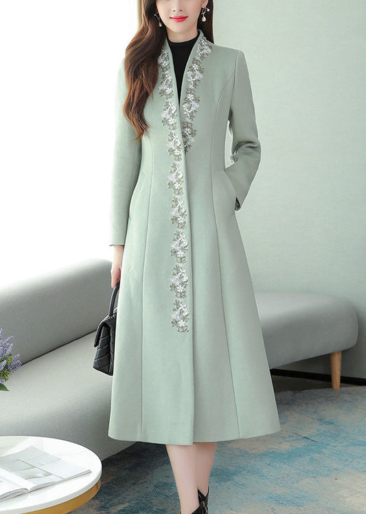 Mint Green Embroideried Woolen Maxi Trench Coat Long Sleeve Ly1714