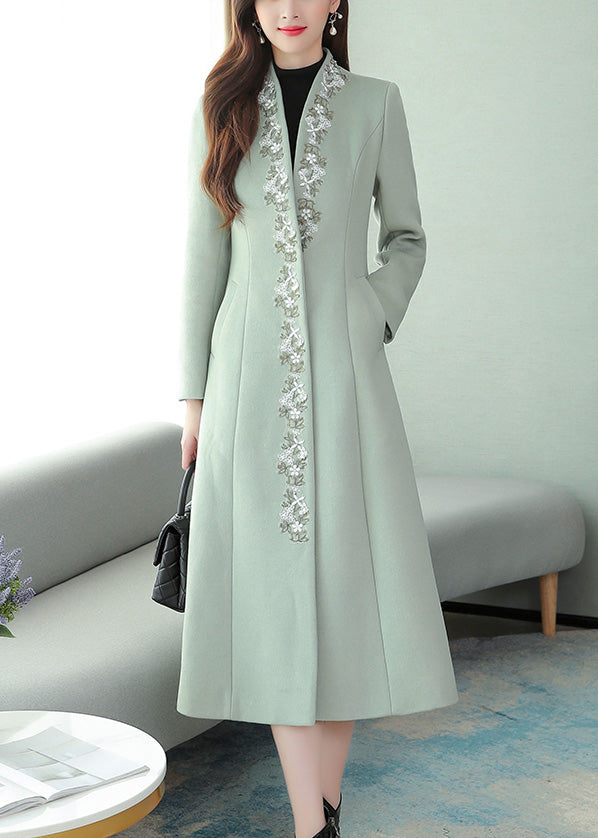 Mint Green Embroideried Woolen Maxi Trench Coat Long Sleeve Ly1714