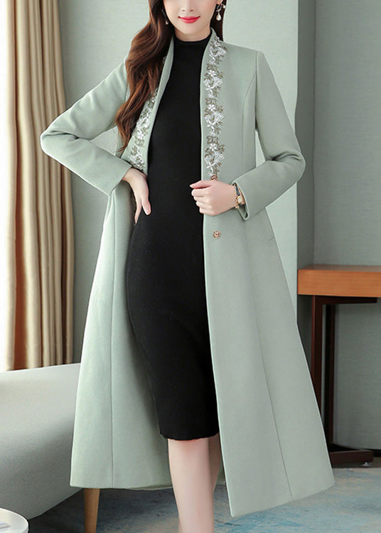 Mint Green Embroideried Woolen Maxi Trench Coat Long Sleeve Ly1714