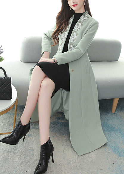 Mint Green Embroideried Woolen Maxi Trench Coat Long Sleeve Ly1714