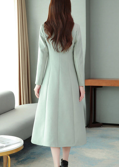 Mint Green Embroideried Woolen Maxi Trench Coat Long Sleeve Ly1714