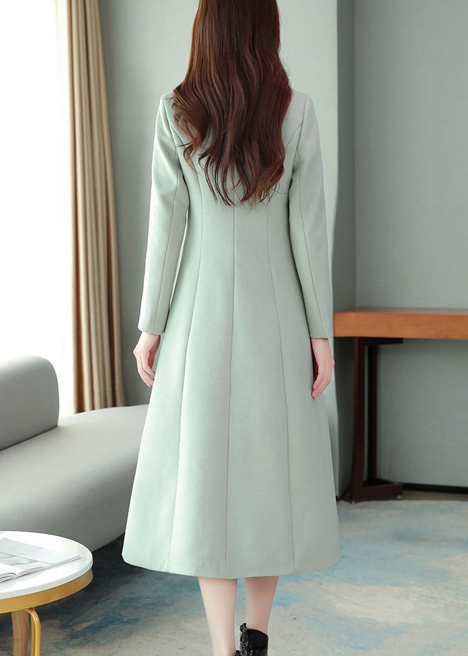 Mint Green Embroideried Woolen Maxi Trench Coat Long Sleeve Ly1714