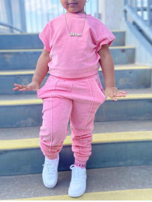 Girl Cap Sleeve Pocket Design Pants Set Bo5088