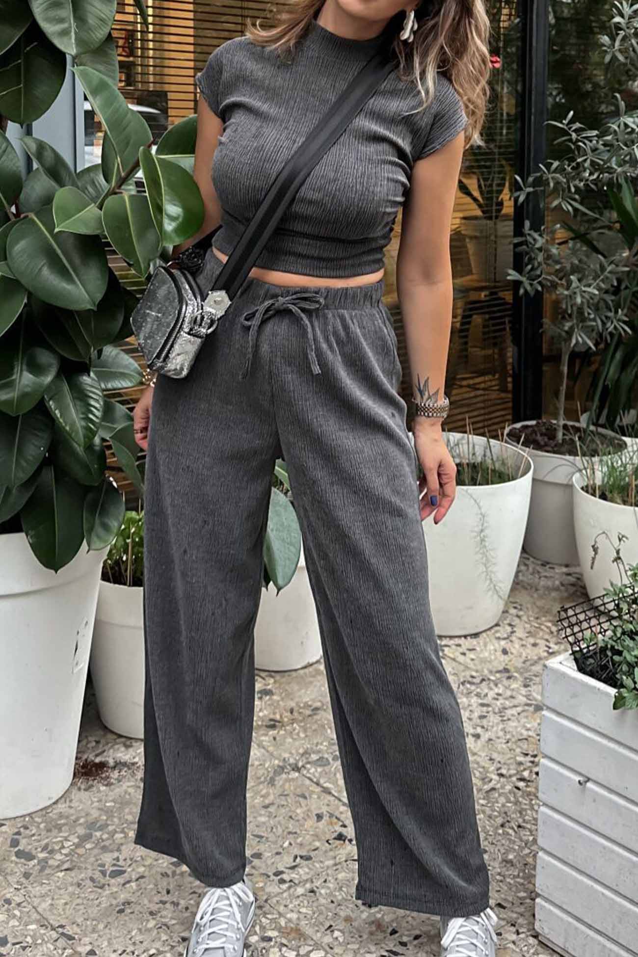 Mock Neck Short Sleeve Ruched Long Pant Set