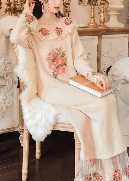 Modern Apricot Embroidered Patchwork Tulle Knit Long Sweater Spring Ha1054