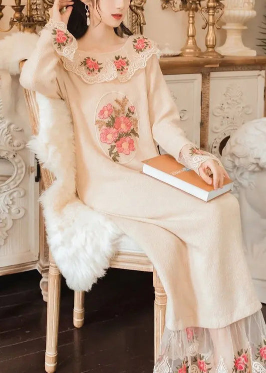 Modern Apricot Embroidered Patchwork Tulle Knit Long Sweater Spring Ha1054