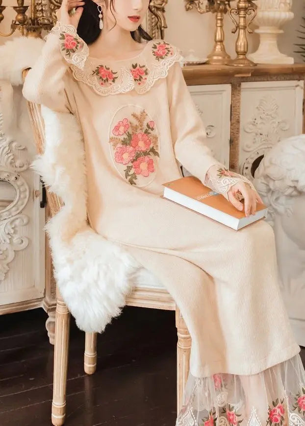 Modern Apricot Embroidered Patchwork Tulle Knit Long Sweater Spring Ha1054