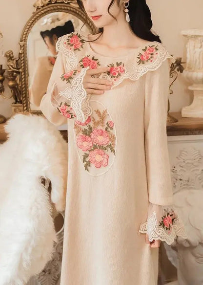 Modern Apricot Embroidered Patchwork Tulle Knit Long Sweater Spring Ha1054