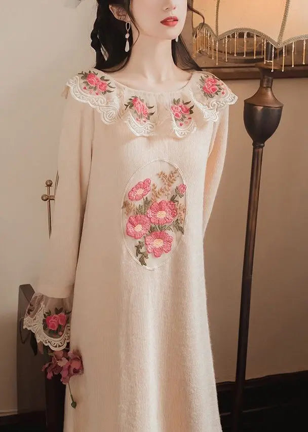 Modern Apricot Embroidered Patchwork Tulle Knit Long Sweater Spring Ha1054