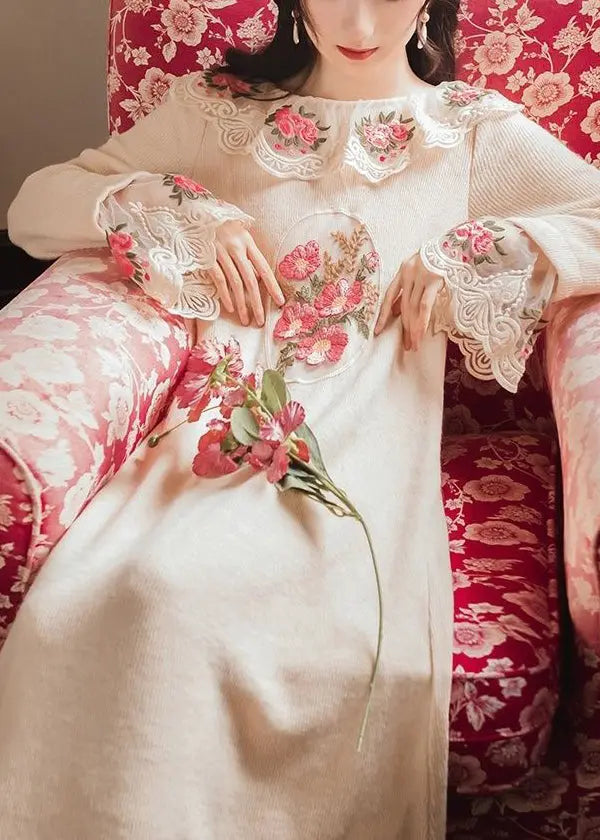Modern Apricot Embroidered Patchwork Tulle Knit Long Sweater Spring Ha1054