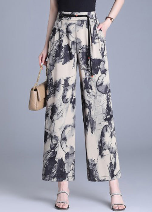 Modern Apricot Tasseled Print Silk Straight Pants Summer Oo019