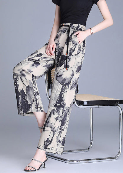 Modern Apricot Tasseled Print Silk Straight Pants Summer Oo019
