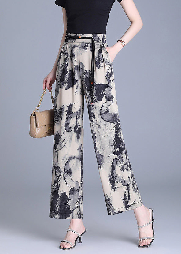 Modern Apricot Tasseled Print Silk Straight Pants Summer Oo019