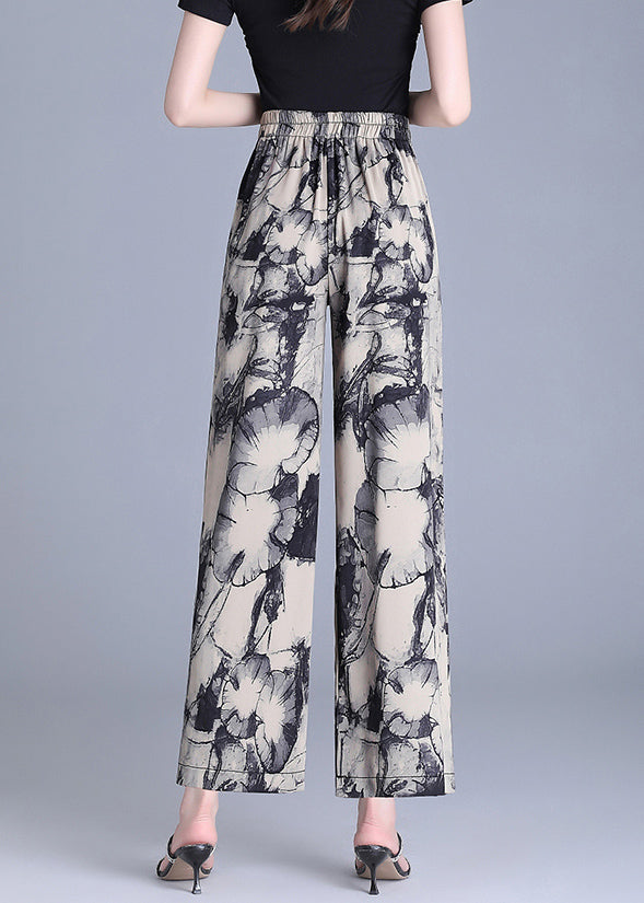 Modern Apricot Tasseled Print Silk Straight Pants Summer Oo019