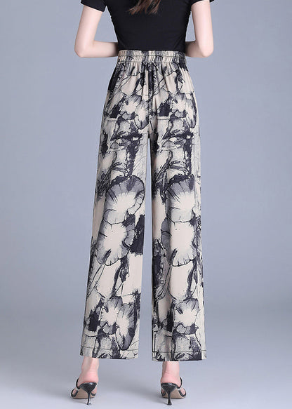 Modern Apricot Tasseled Print Silk Straight Pants Summer Oo019
