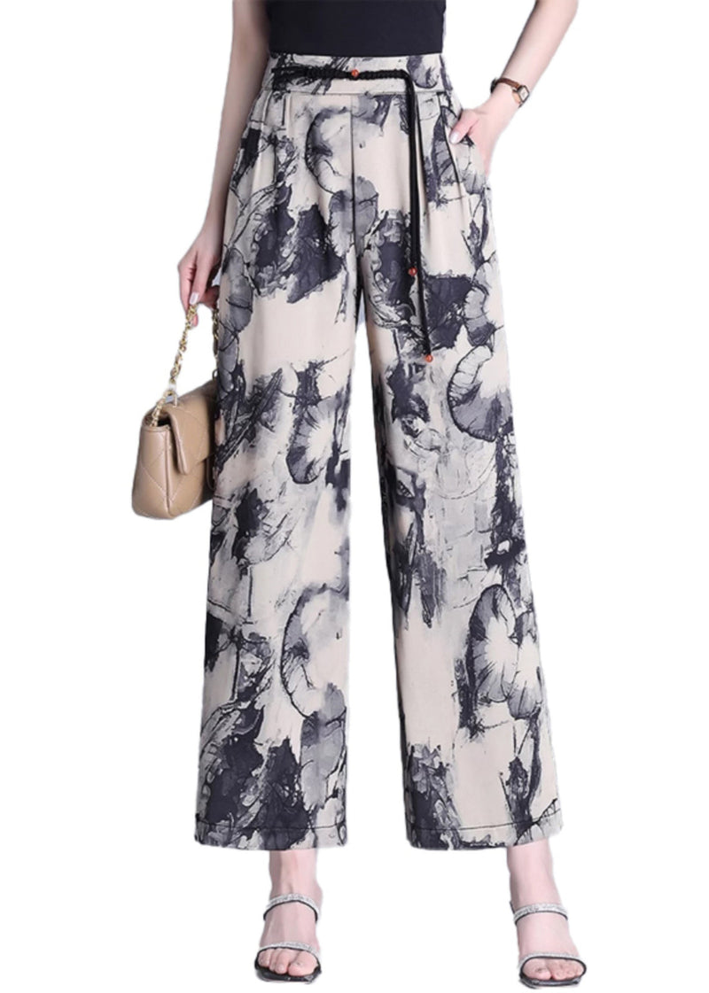 Modern Apricot Tasseled Print Silk Straight Pants Summer Oo019