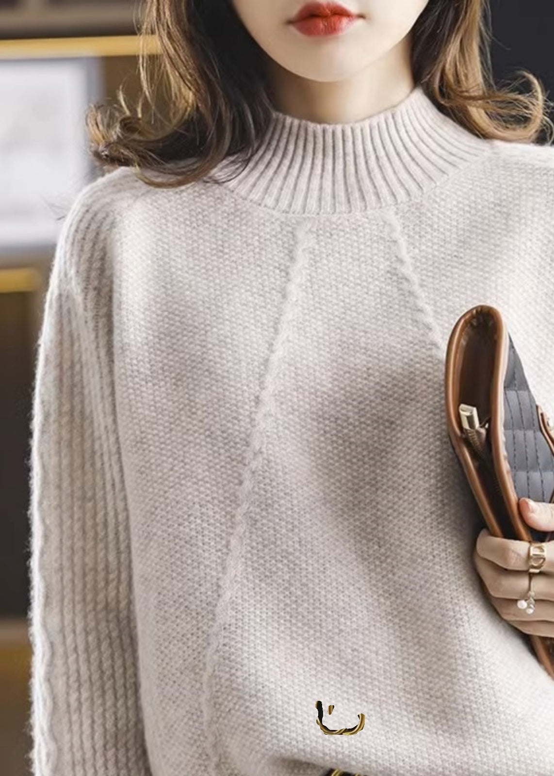 Modern Apricot Turtleneck Patchwork Thick Cotton Knit Sweaters Fall Qp044