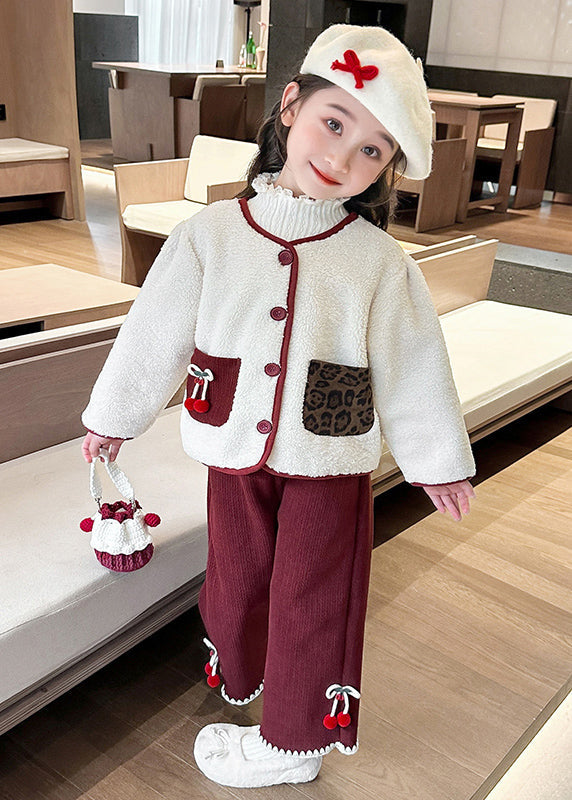 Modern Beige O-neck Patchwork Button Pockets Faux Fur Kids Top and Pants Two Pieces Set Winter Tr030