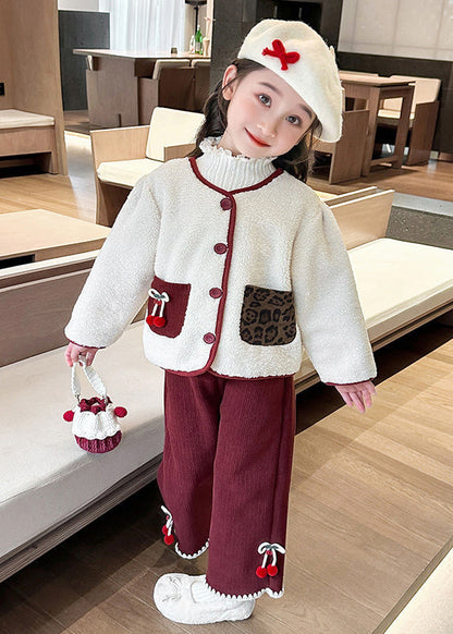 Modern Beige O-neck Patchwork Button Pockets Faux Fur Kids Top and Pants Two Pieces Set Winter Tr030