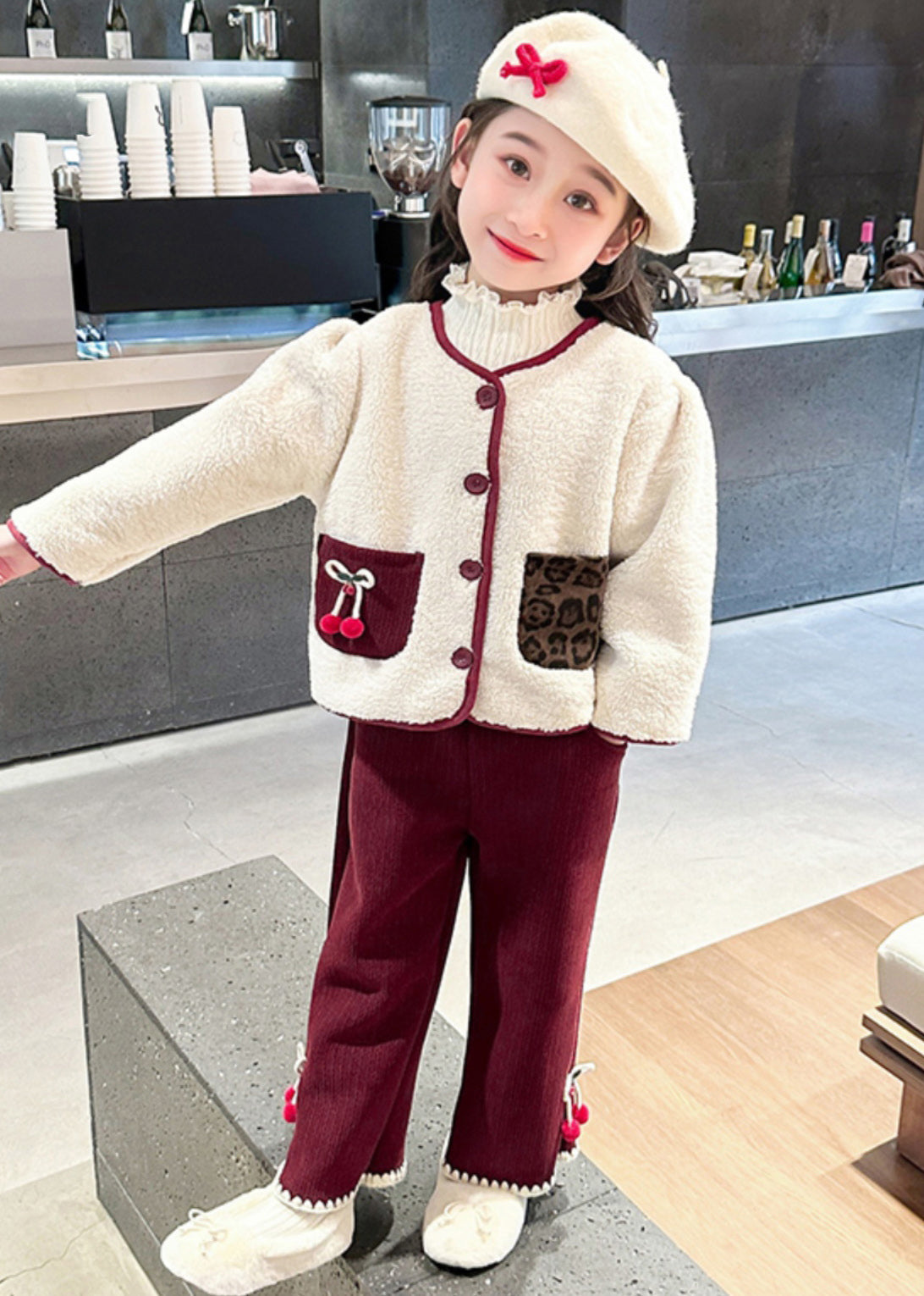 Modern Beige O-neck Patchwork Button Pockets Faux Fur Kids Top and Pants Two Pieces Set Winter Tr030
