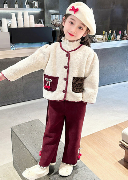 Modern Beige O-neck Patchwork Button Pockets Faux Fur Kids Top and Pants Two Pieces Set Winter Tr030
