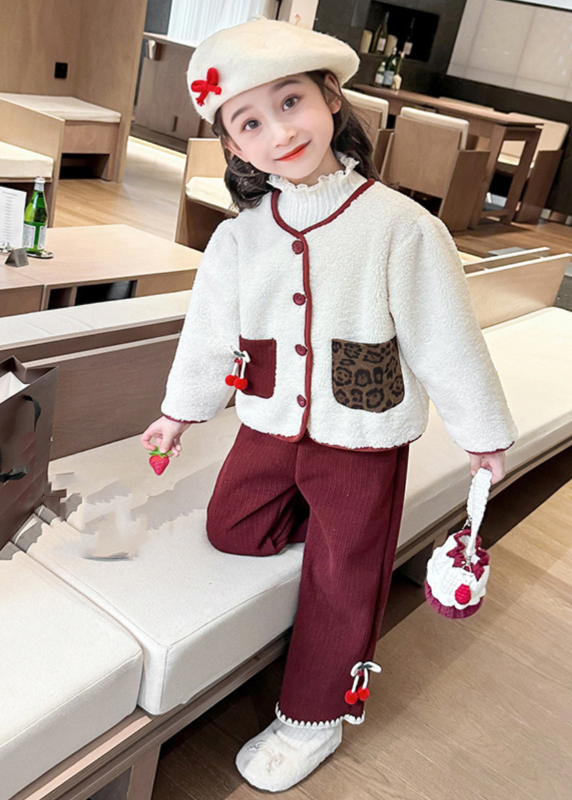 Modern Beige O-neck Patchwork Button Pockets Faux Fur Kids Top and Pants Two Pieces Set Winter Tr030