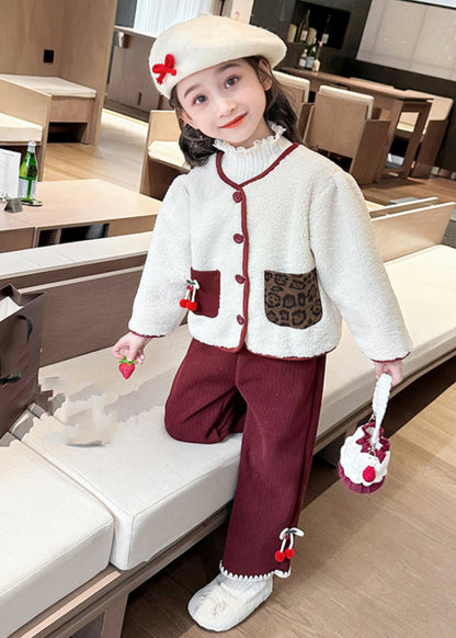 Modern Beige O-neck Patchwork Button Pockets Faux Fur Kids Top and Pants Two Pieces Set Winter Tr030