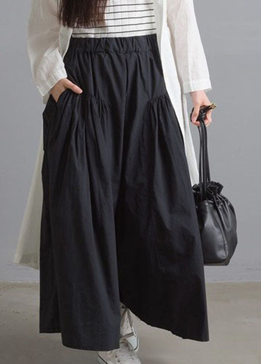 Modern Black Elastic Waist Wrinkled Cotton Wide Leg Pants Spring Ly1326