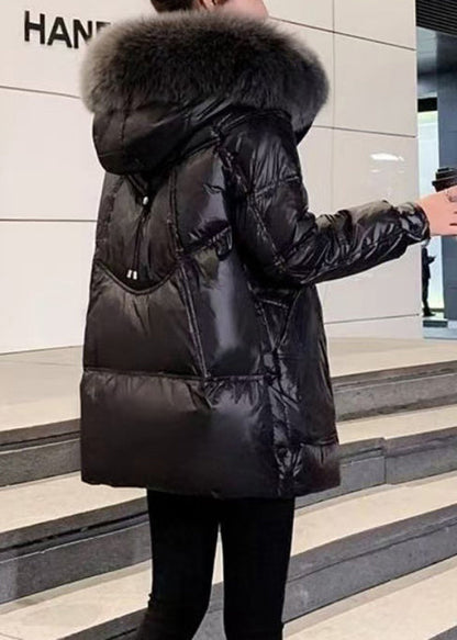 Modern Black Fur Collar Hooded Pockets Fine Cotton Filled Winter Coats Td040