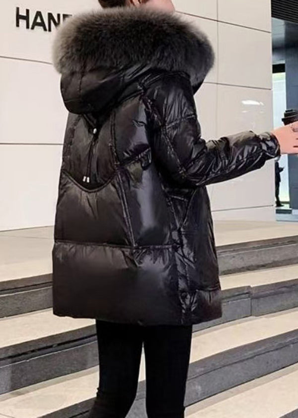 Modern Black Fur Collar Hooded Pockets Fine Cotton Filled Winter Coats Td040
