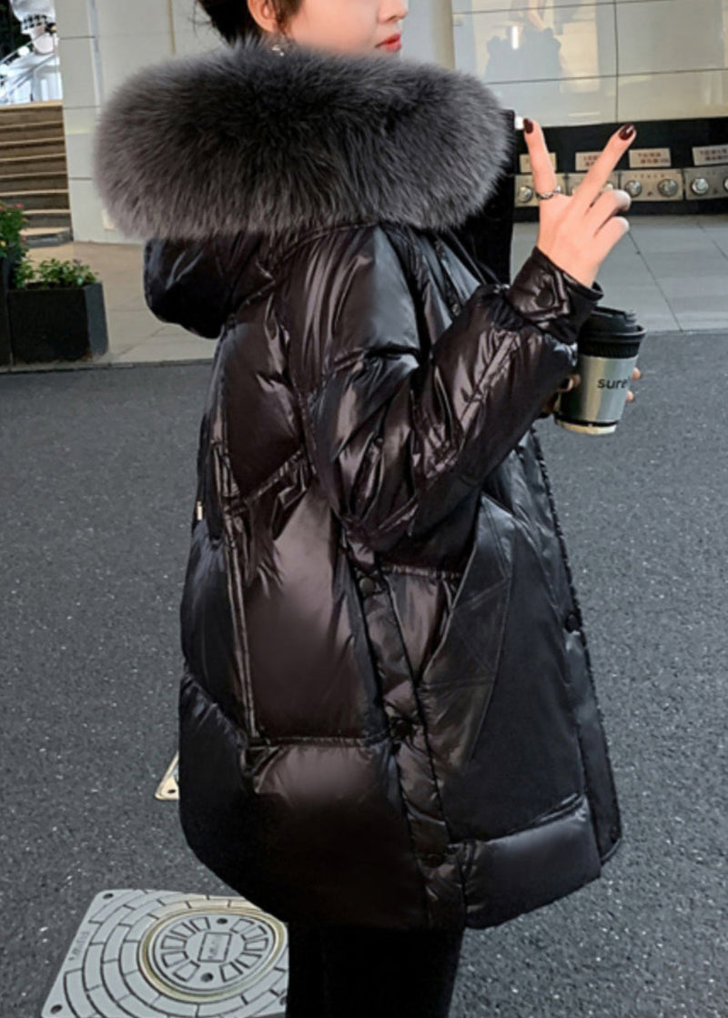 Modern Black Fur Collar Hooded Pockets Fine Cotton Filled Winter Coats Td040
