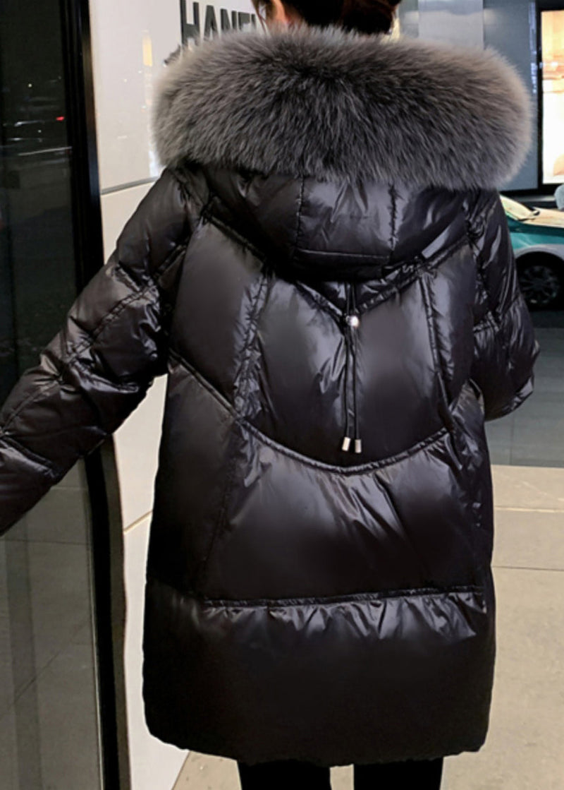 Modern Black Fur Collar Hooded Pockets Fine Cotton Filled Winter Coats Td040