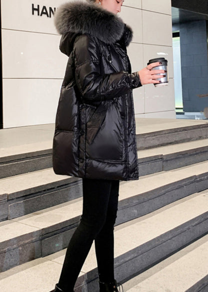 Modern Black Fur Collar Hooded Pockets Fine Cotton Filled Winter Coats Td040