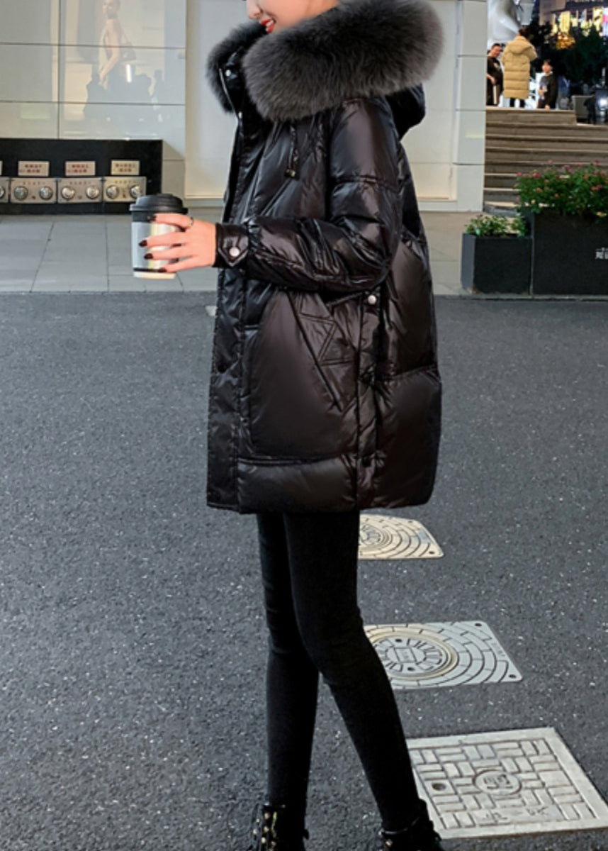 Modern Black Fur Collar Hooded Pockets Fine Cotton Filled Winter Coats Td040