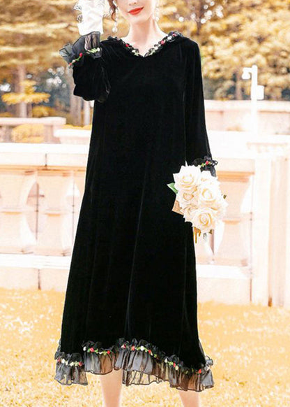 Modern Black Hooded Patchwork Ruffles Silk Velour Long Dress Spring Ly1068