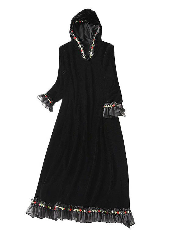 Modern Black Hooded Patchwork Ruffles Silk Velour Long Dress Spring Ly1068