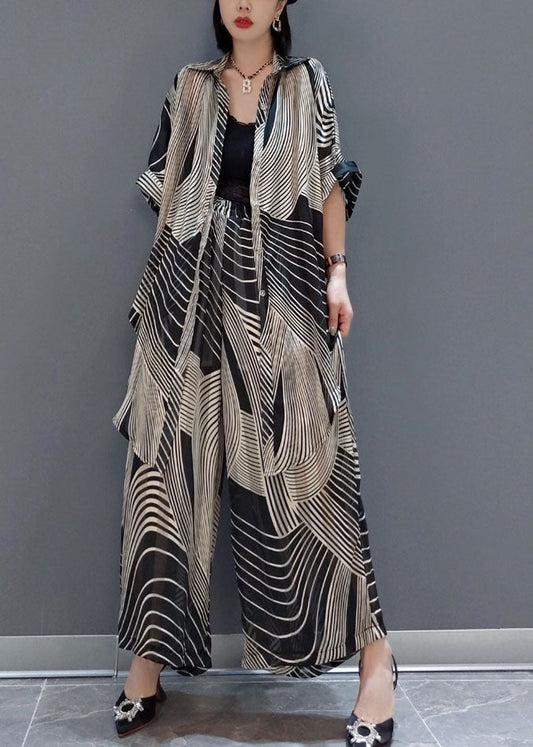 Modern Black Oversized Striped Draping Chiffon Two-piece Set Summer Ly1594