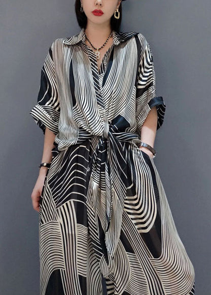 Modern Black Oversized Striped Draping Chiffon Two-piece Set Summer Ly1594