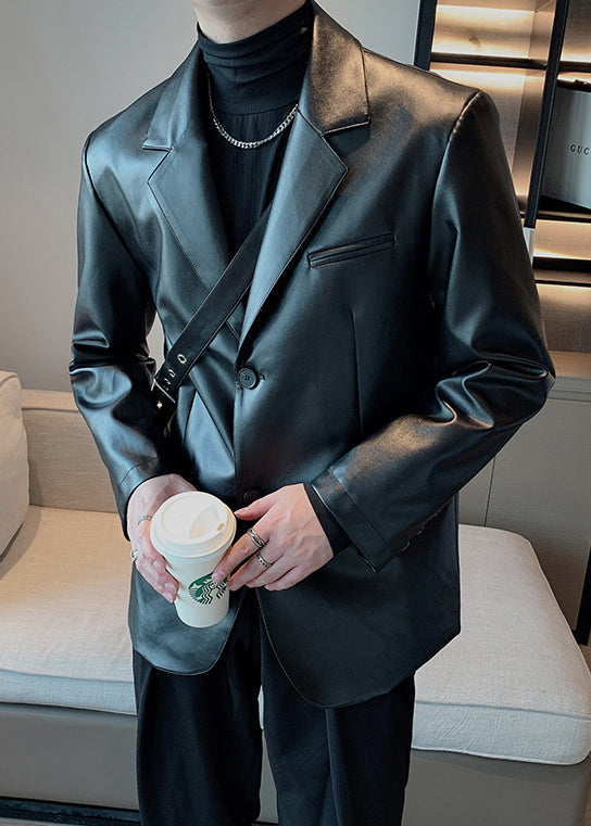 Modern Black Peter Pan Collar Button Faux Leather Coats Spring Rn030