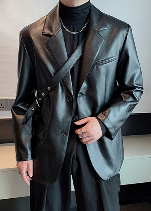 Modern Black Peter Pan Collar Button Faux Leather Coats Spring Rn030