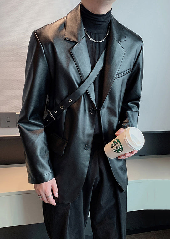 Modern Black Peter Pan Collar Button Faux Leather Coats Spring Rn030