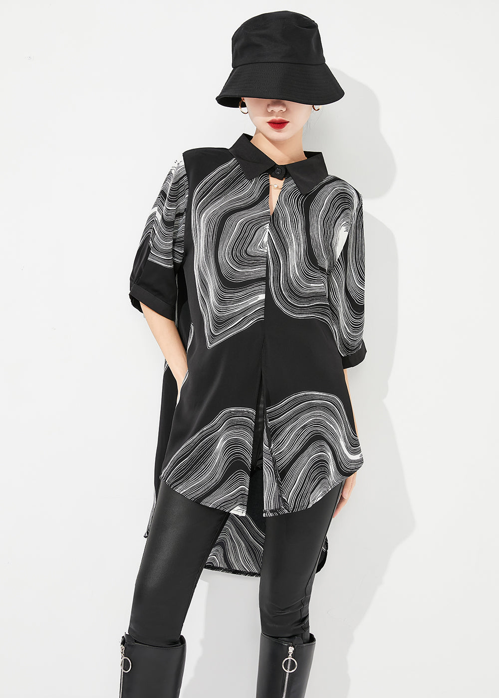 Modern Black Print Low High Design Draping Chiffon Blouse Tops Summer Ly0880