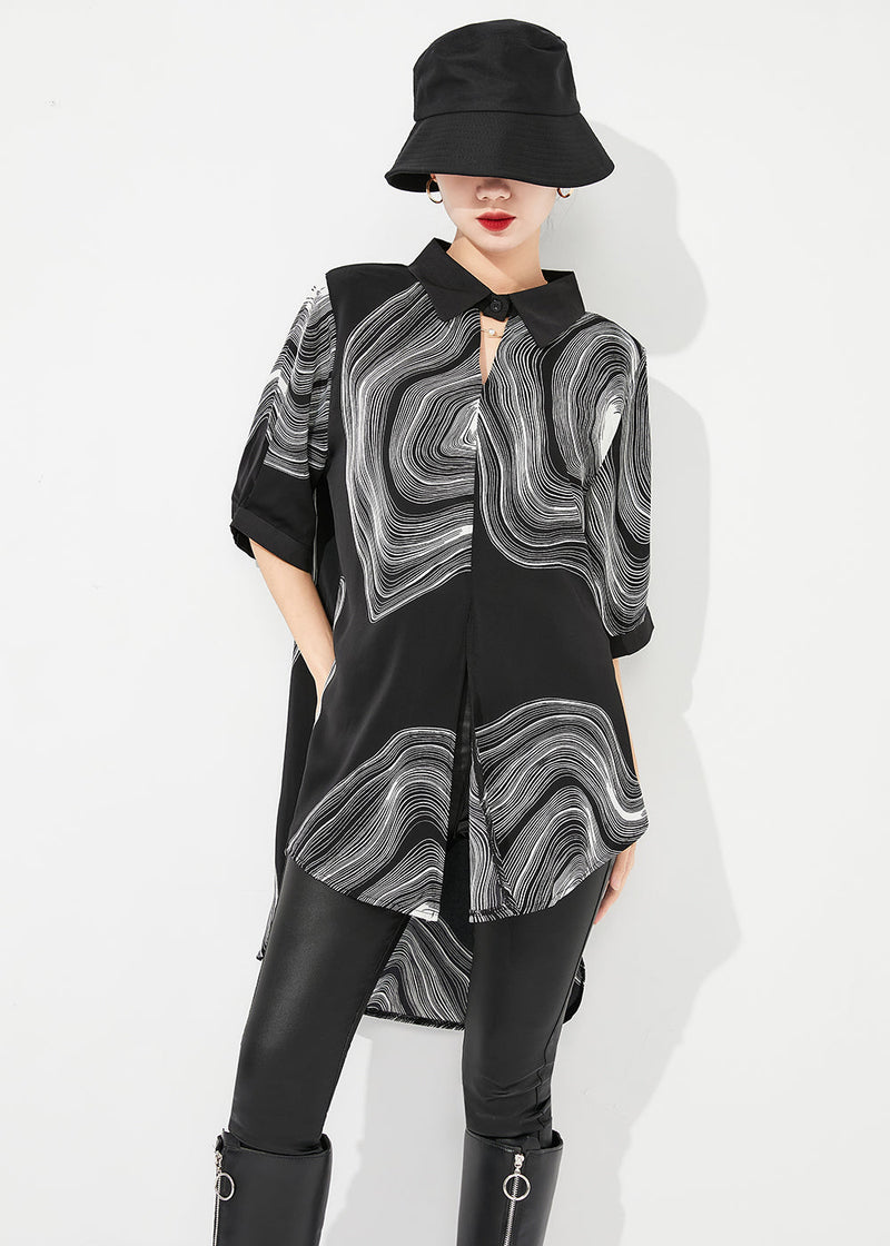 Modern Black Print Low High Design Draping Chiffon Blouse Tops Summer Ly0880