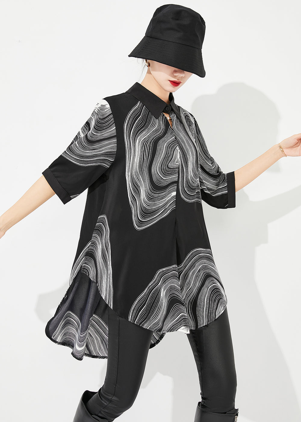 Modern Black Print Low High Design Draping Chiffon Blouse Tops Summer Ly0880