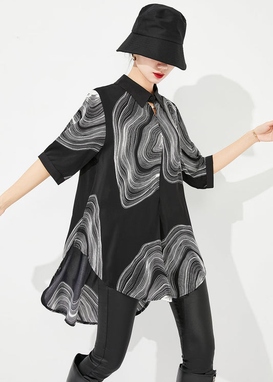 Modern Black Print Low High Design Draping Chiffon Blouse Tops Summer Ly0880