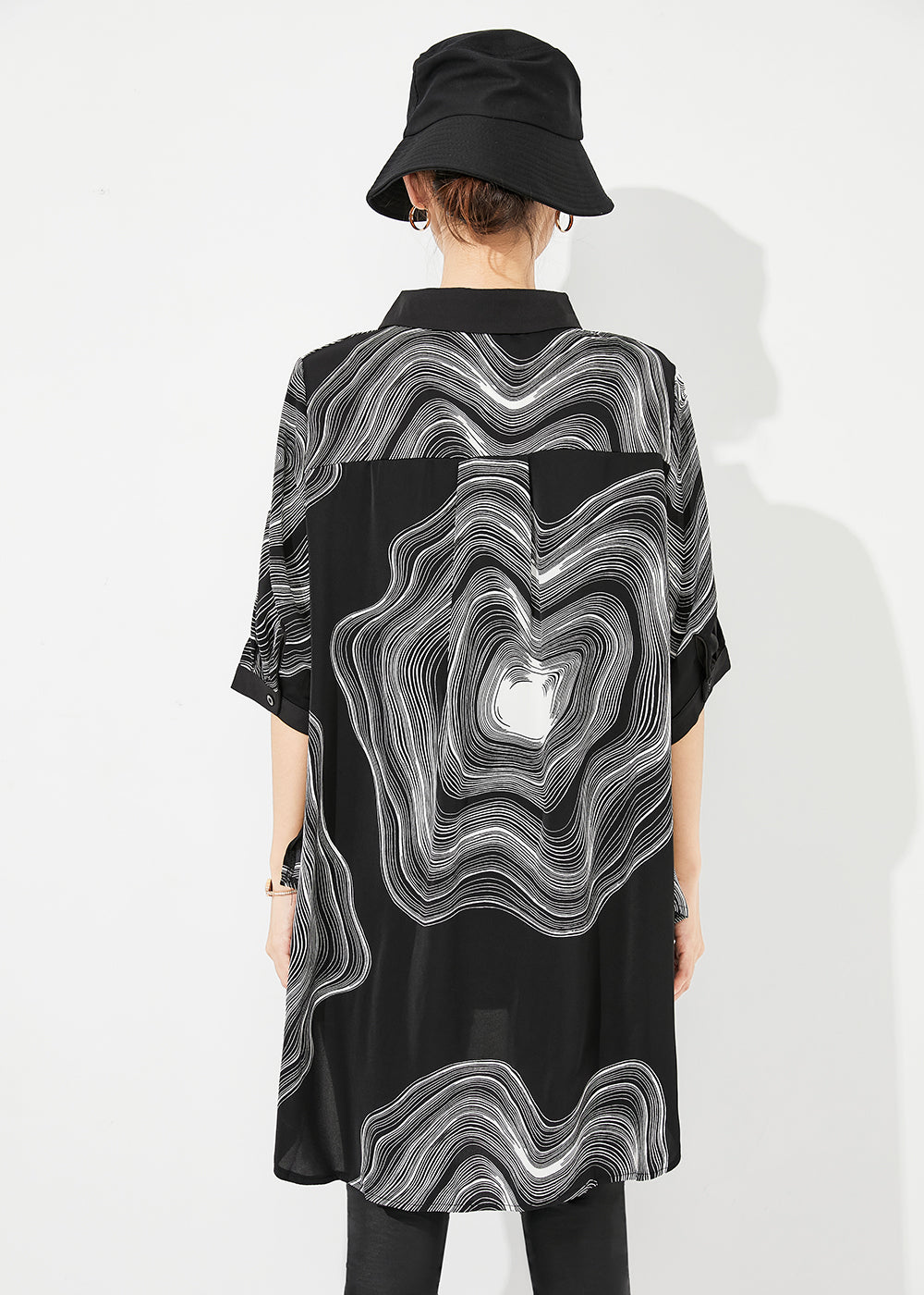 Modern Black Print Low High Design Draping Chiffon Blouse Tops Summer Ly0880